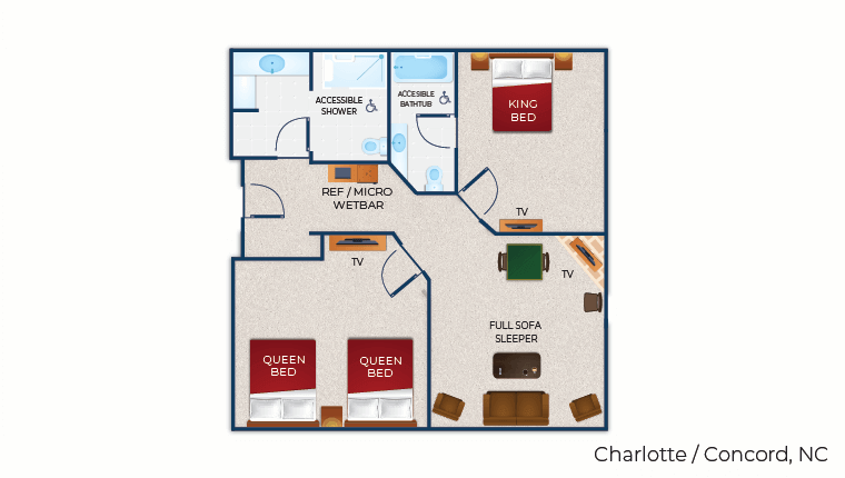 The floor plan for the accessible shower & bathtub  Grizzly Bear Suite 